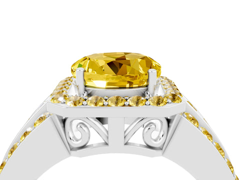 White gold Round Cut Halo Yellow Sapphire Ring with Split Shank and Four-Prong Setting_4