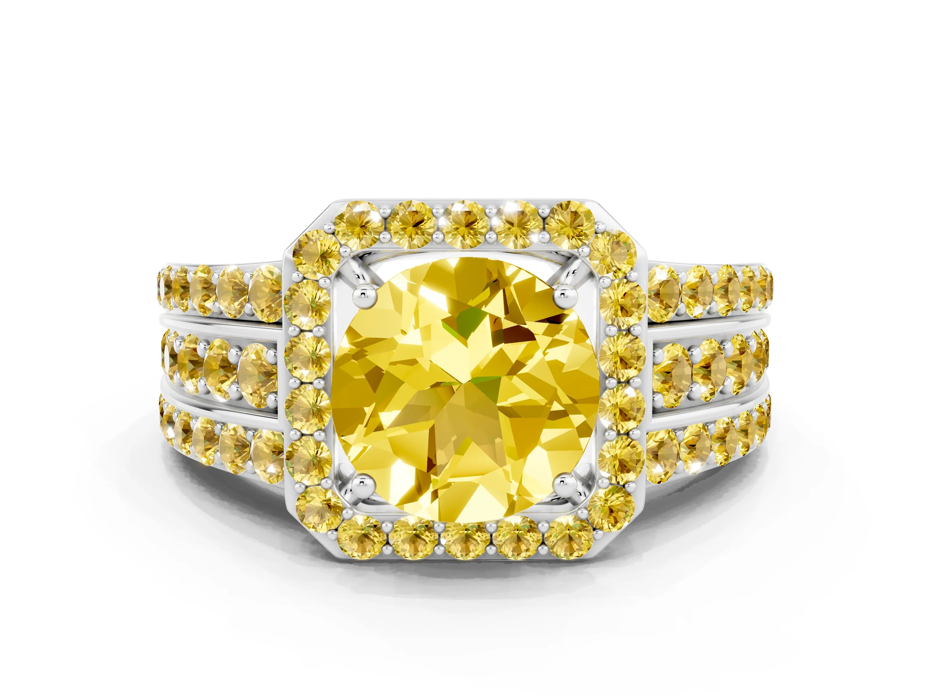 White gold Round Cut Halo Yellow Sapphire Ring with Split Shank and Four-Prong Setting