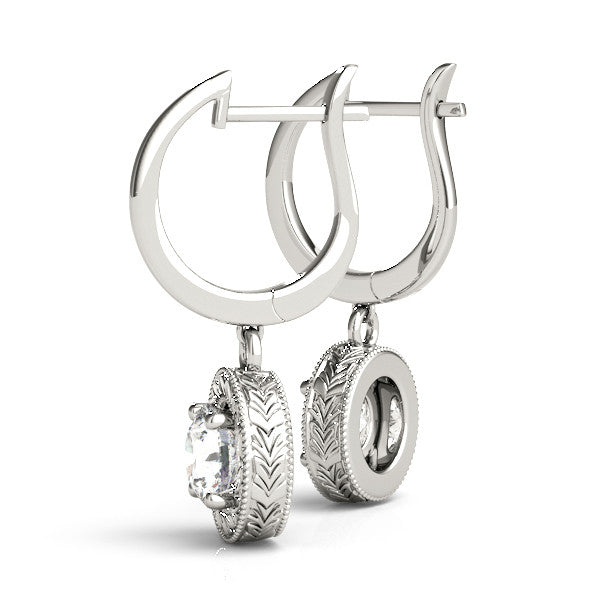 White gold Round Cut Milgrain Bezel Set Leverback Earrings 1