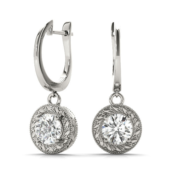 White gold Round Cut Milgrain Bezel Set Leverback Earrings 4