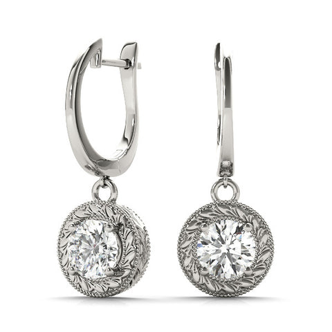 White gold Round Cut Milgrain Bezel Set Leverback Earrings 4