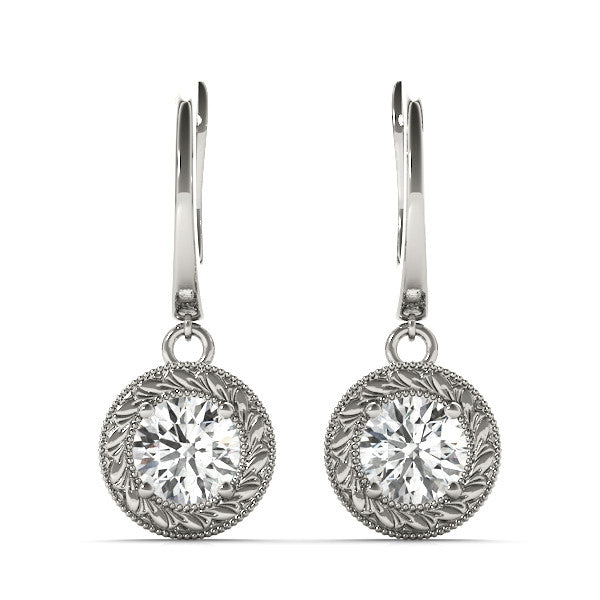 White gold Round Cut Milgrain Bezel Set Leverback Earrings