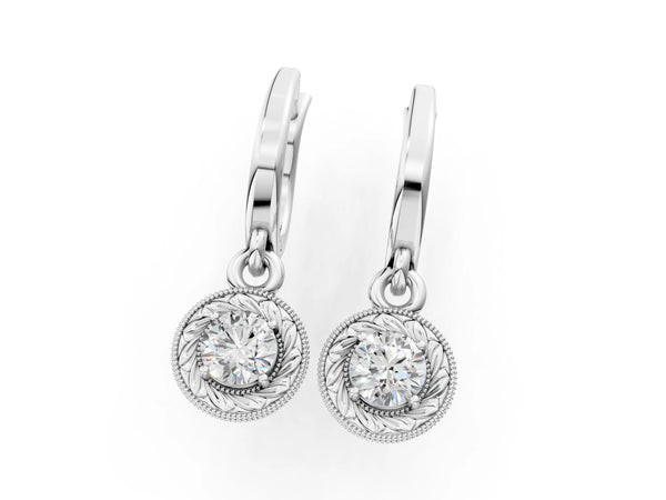 White gold Round Cut Milgrain Bezel Set Leverback Earrings