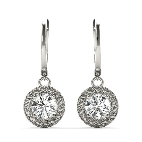 White gold Round Cut Milgrain Bezel Set Leverback Earrings