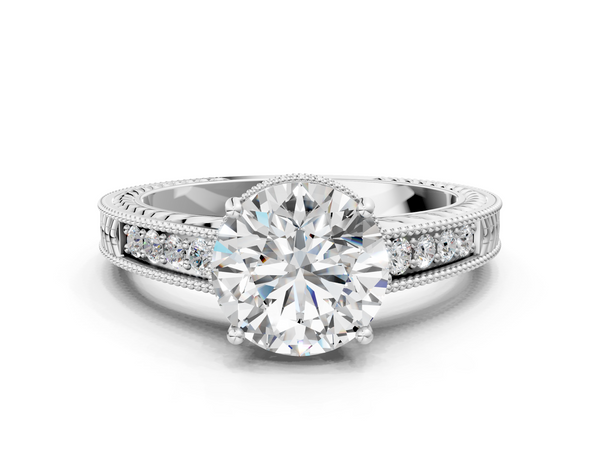Platinum 3.01 Carat F VS1 Round Diamond Engagement Ring with Milgrain Channel Set Band and Prong Setting