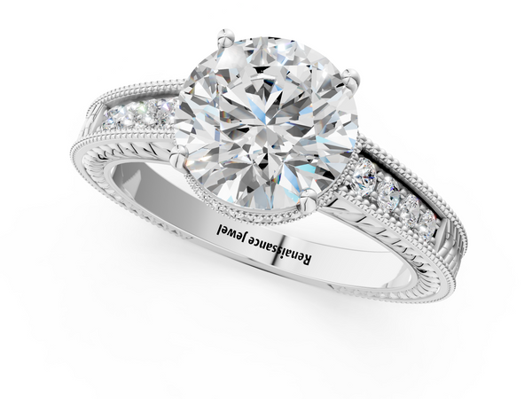 Platinum 3.01 Carat F VS1 Round Diamond Engagement Ring with Milgrain Channel Set Band and Prong Setting