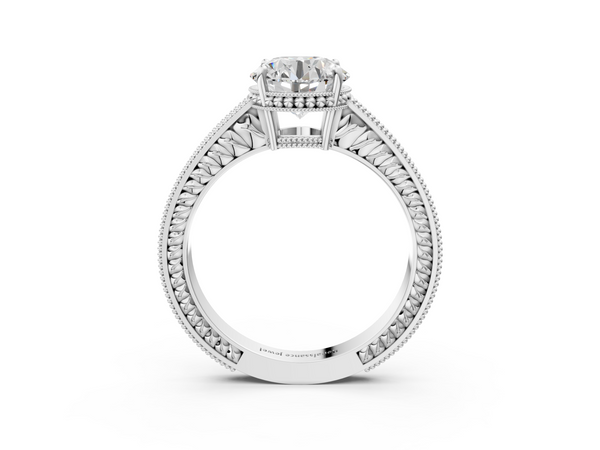 Platinum 3.01 Carat F VS1 Round Diamond Engagement Ring with Milgrain Channel Set Band and Prong Setting