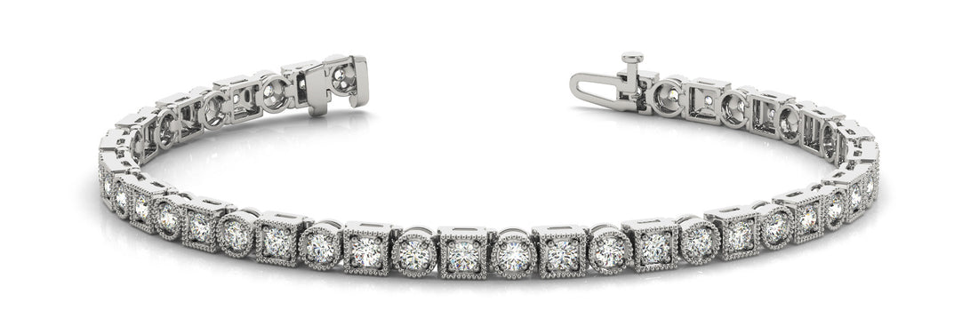 White gold Round Cut Milgrain Diamond Tennis Bracelet with Box Prong Setting