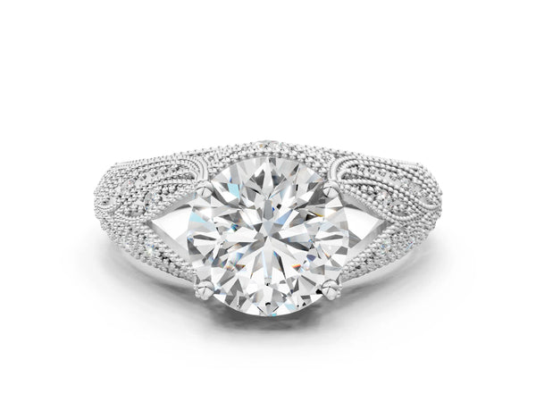 White gold Round Cut Milgrain Pave Diamond Engagement Ring with Four-Prong Setting