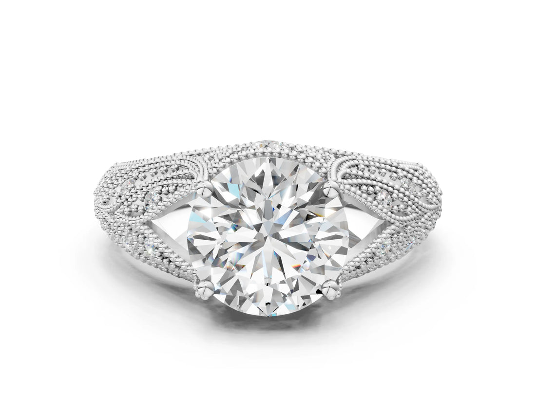 White gold Round Cut Milgrain Pave Diamond Engagement Ring with Four-Prong Setting_11