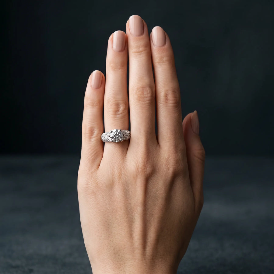 White gold Round Cut Milgrain Pave Diamond Engagement Ring with Four-Prong Setting