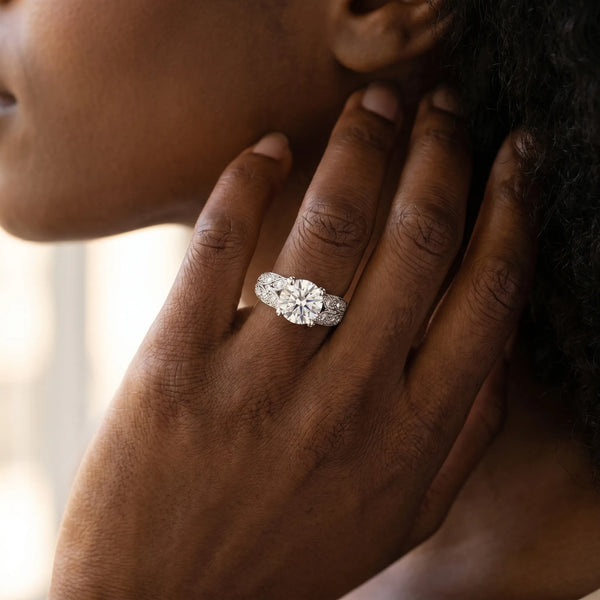 White gold Round Cut Milgrain Pave Diamond Engagement Ring with Four-Prong Setting