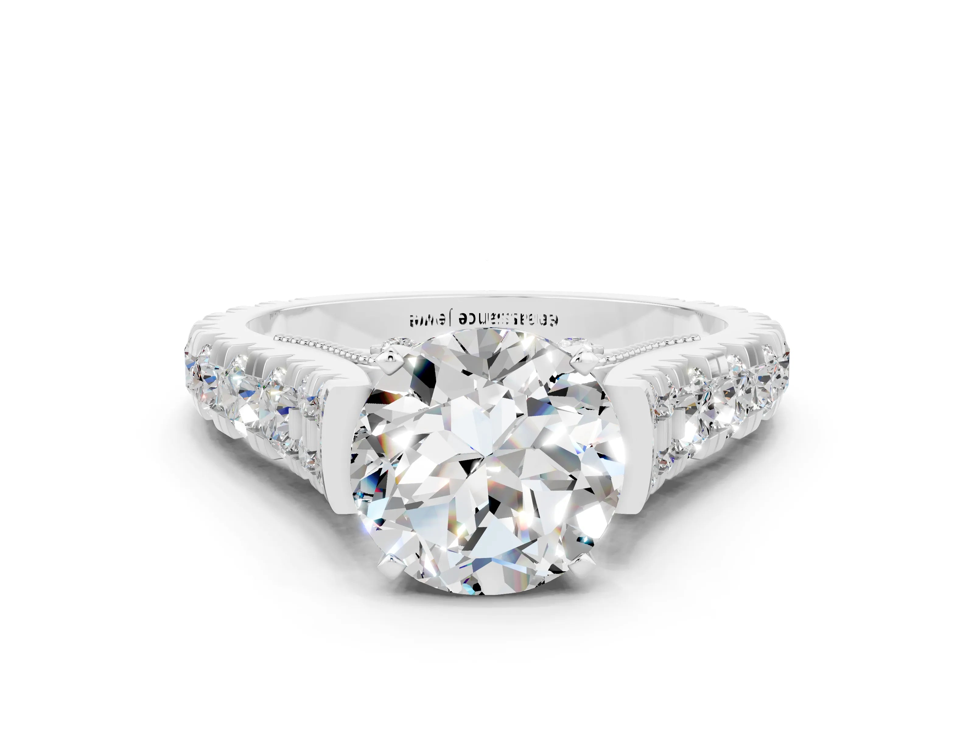 White gold Round Cut Moissanite Classic Solitaire Ring with Pavé Band and Four-Prong Setting_12