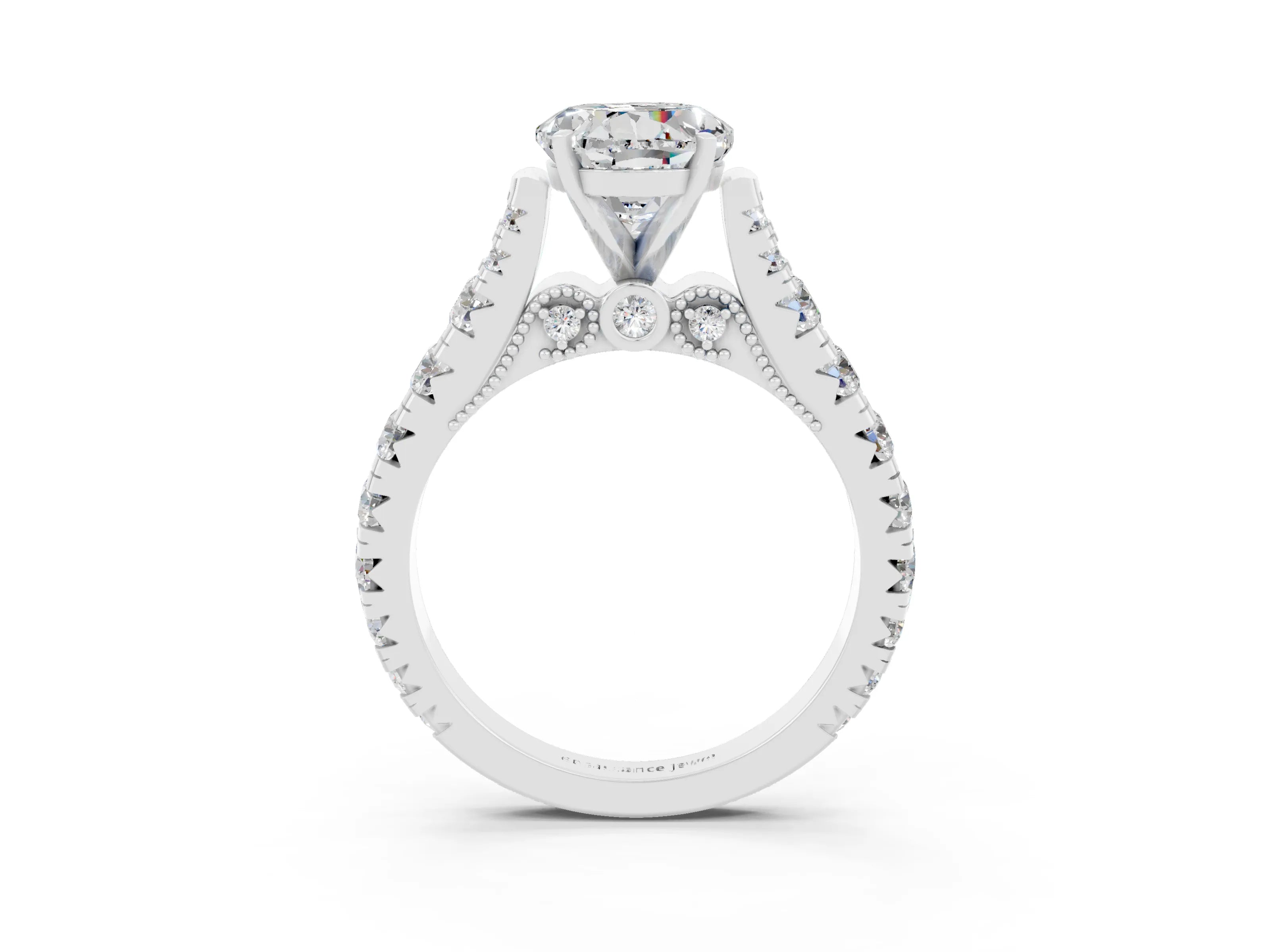 White gold Round Cut Moissanite Classic Solitaire Ring with Pavé Band and Four-Prong Setting_14