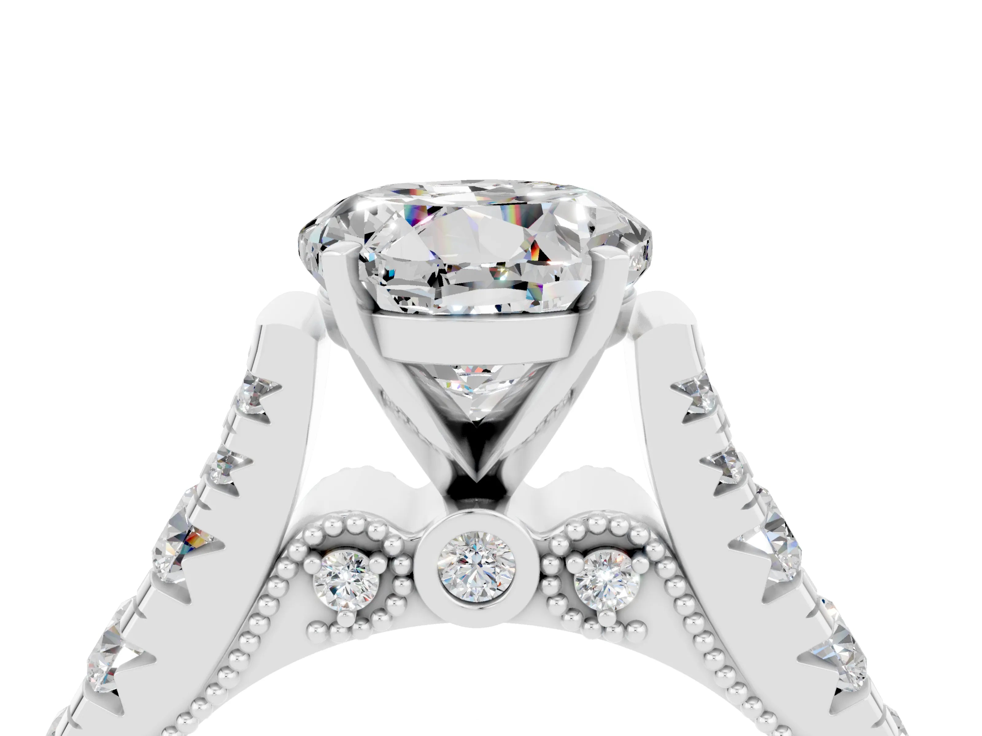White gold Round Cut Moissanite Classic Solitaire Ring with Pavé Band and Four-Prong Setting_16