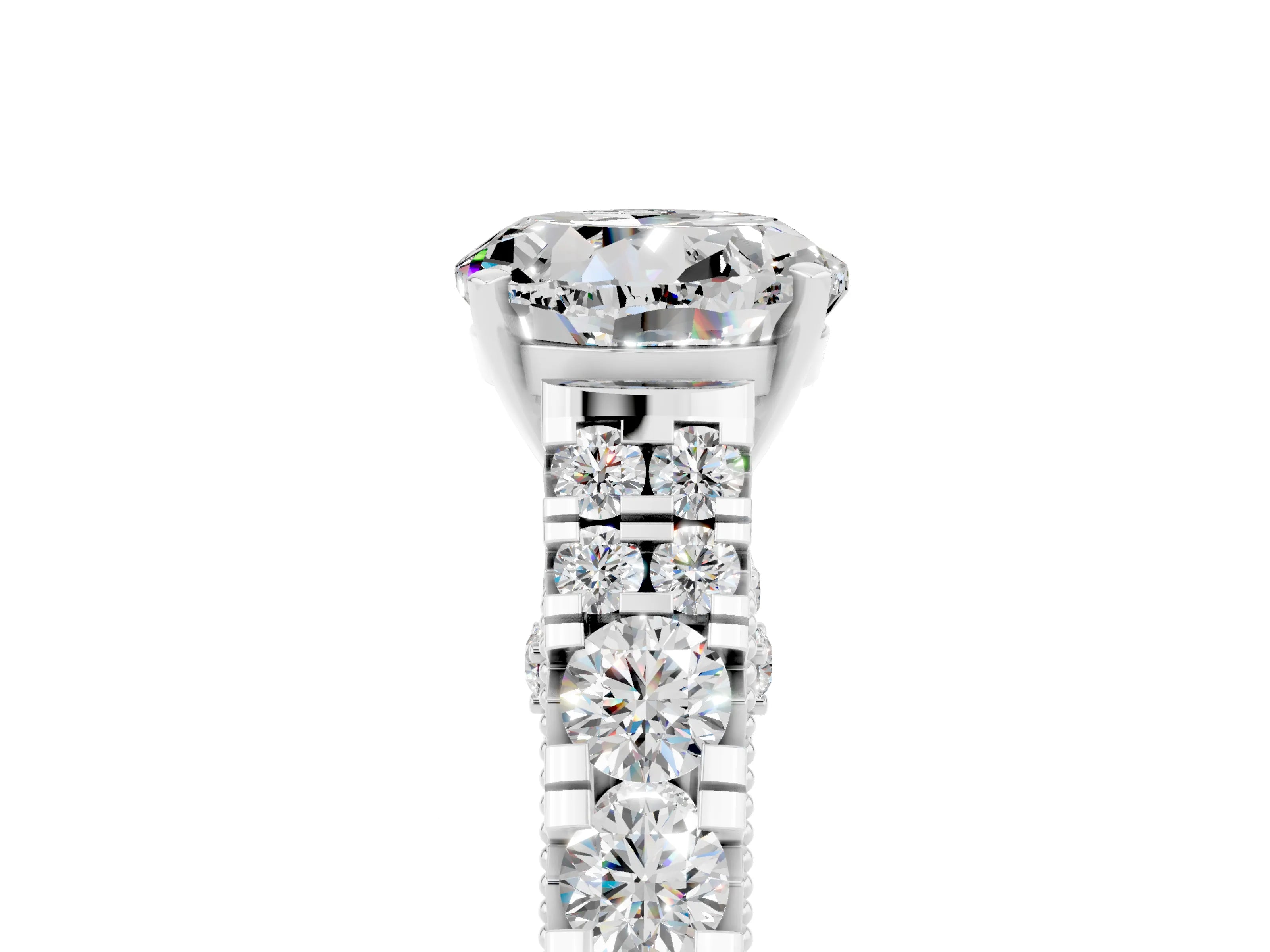 White gold Round Cut Moissanite Classic Solitaire Ring with Pavé Band and Four-Prong Setting_16