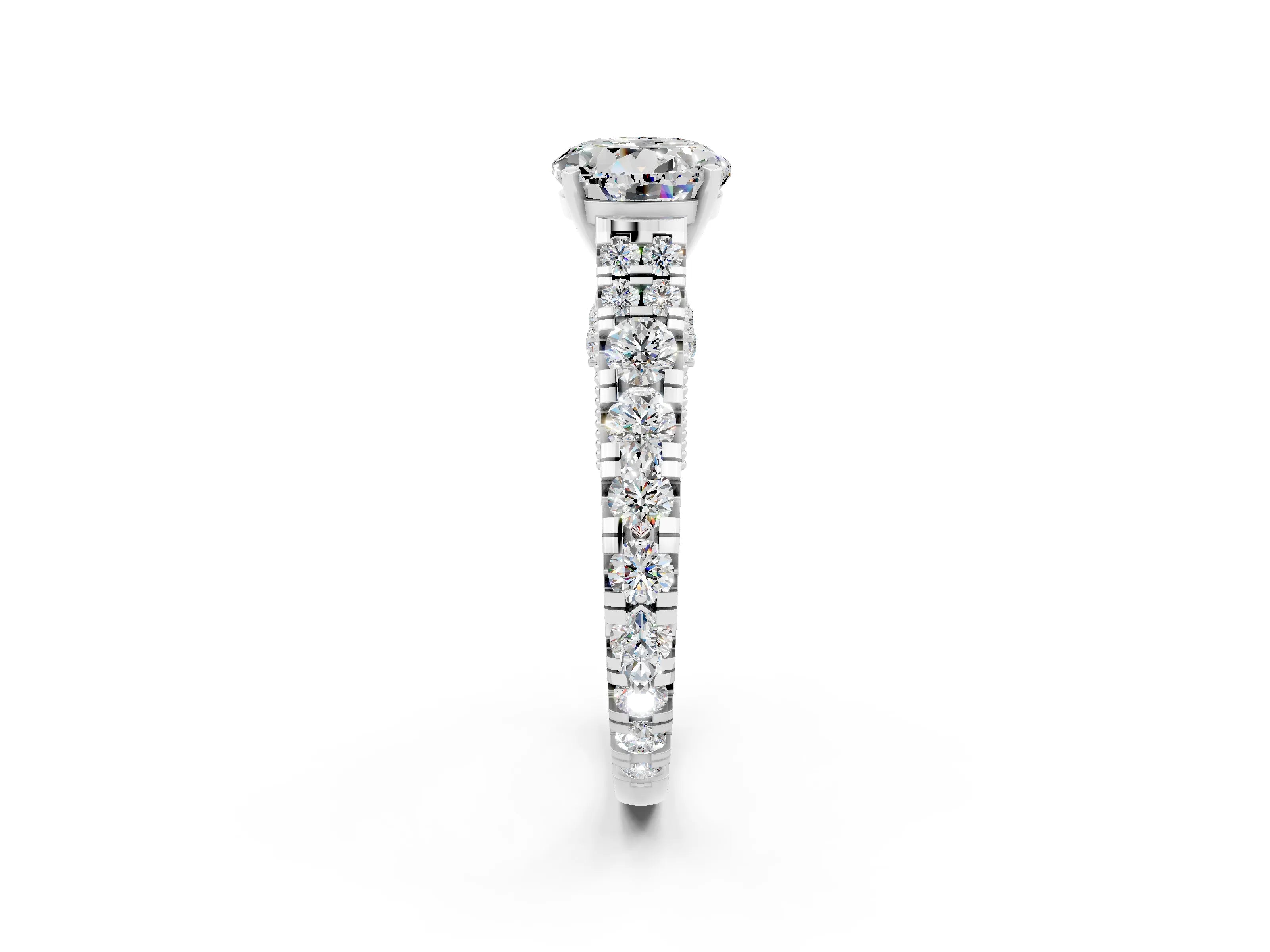 White gold Round Cut Moissanite Classic Solitaire Ring with Pavé Band and Four-Prong Setting_2