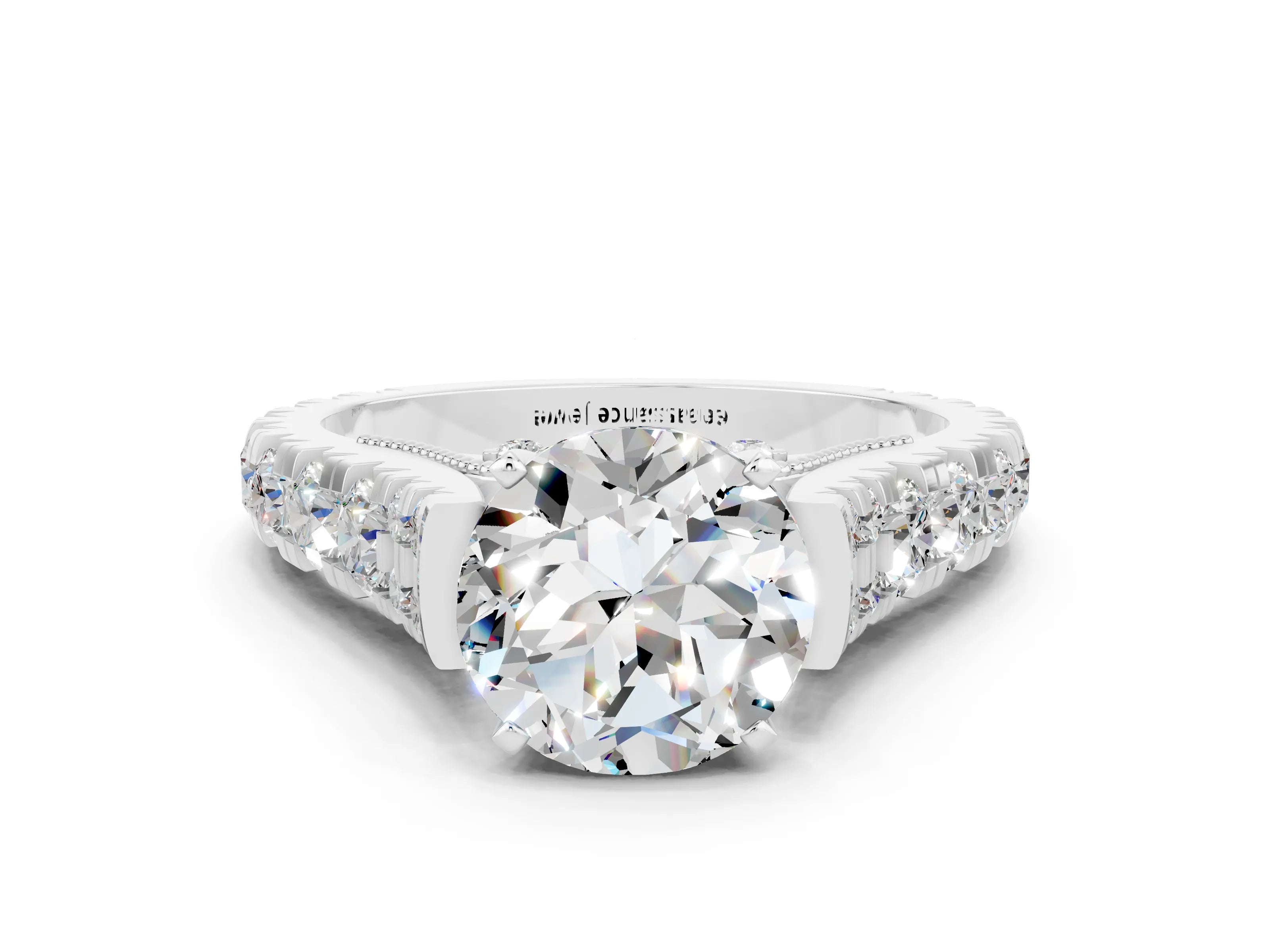 White gold Round Cut Moissanite Classic Solitaire Ring with Pavé Band and Four-Prong Setting_23