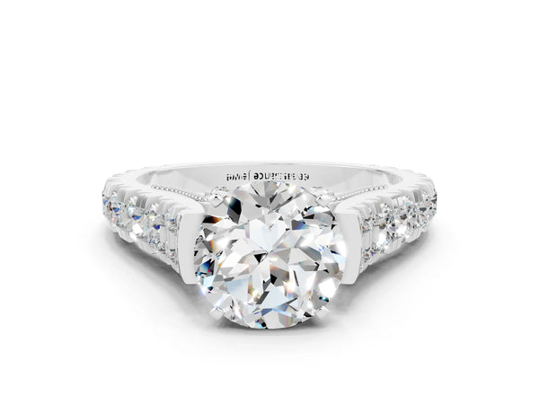 Silver Round Cut Moissanite Classic Solitaire Ring with Pavé Band and Four-Prong Setting