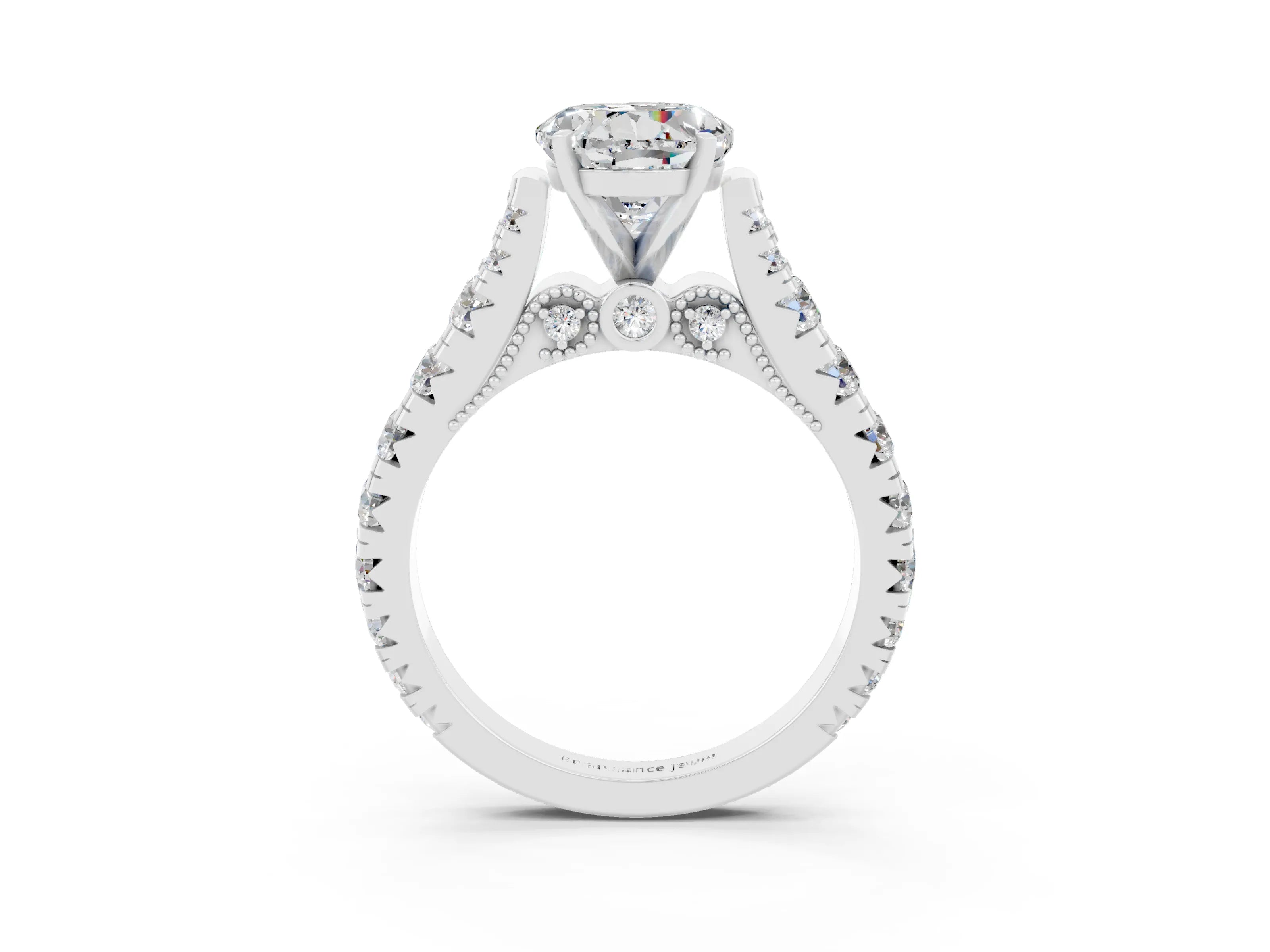 White gold Round Cut Moissanite Classic Solitaire Ring with Pavé Band and Four-Prong Setting_27