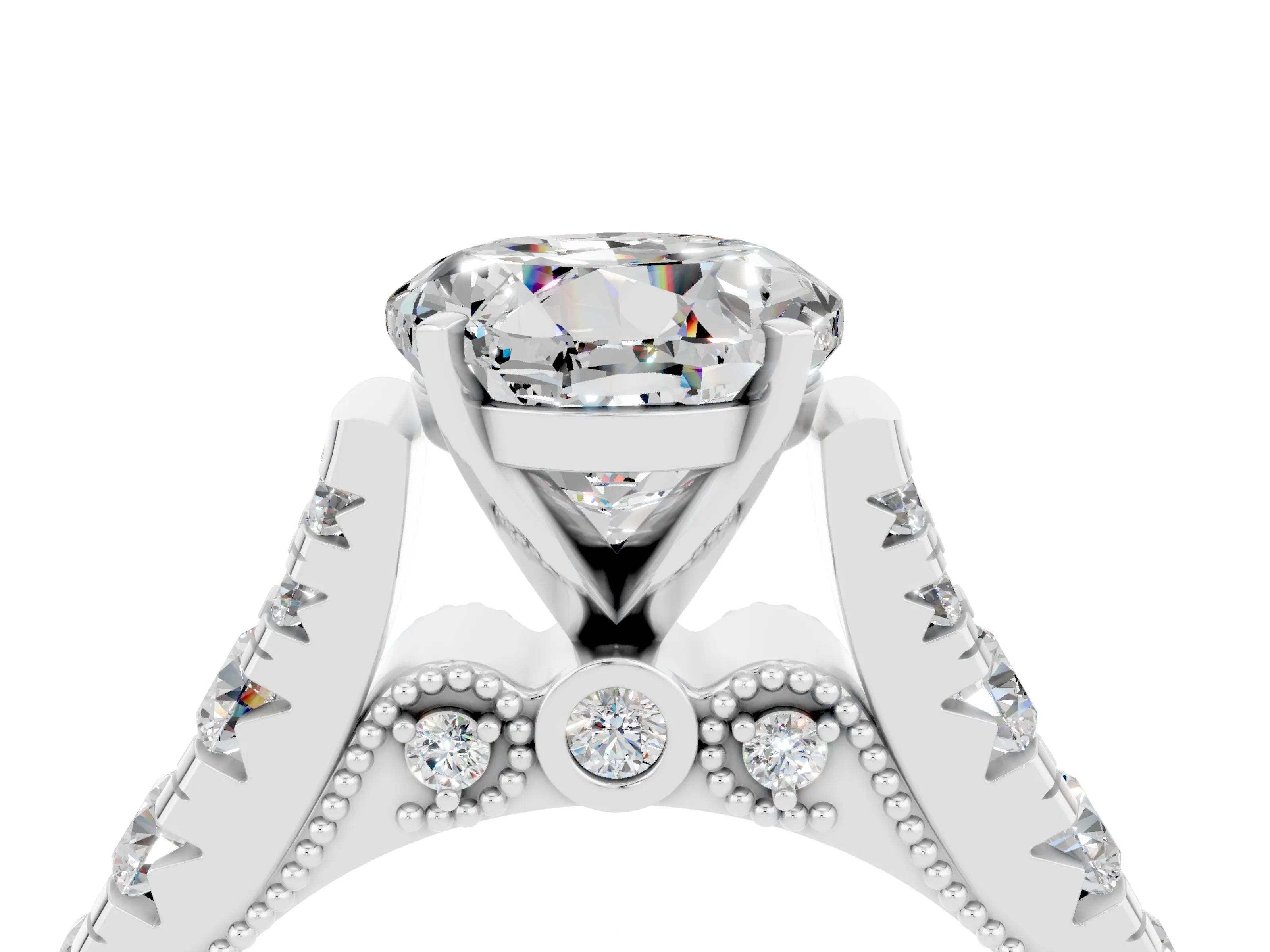 White gold Round Cut Moissanite Classic Solitaire Ring with Pavé Band and Four-Prong Setting_4