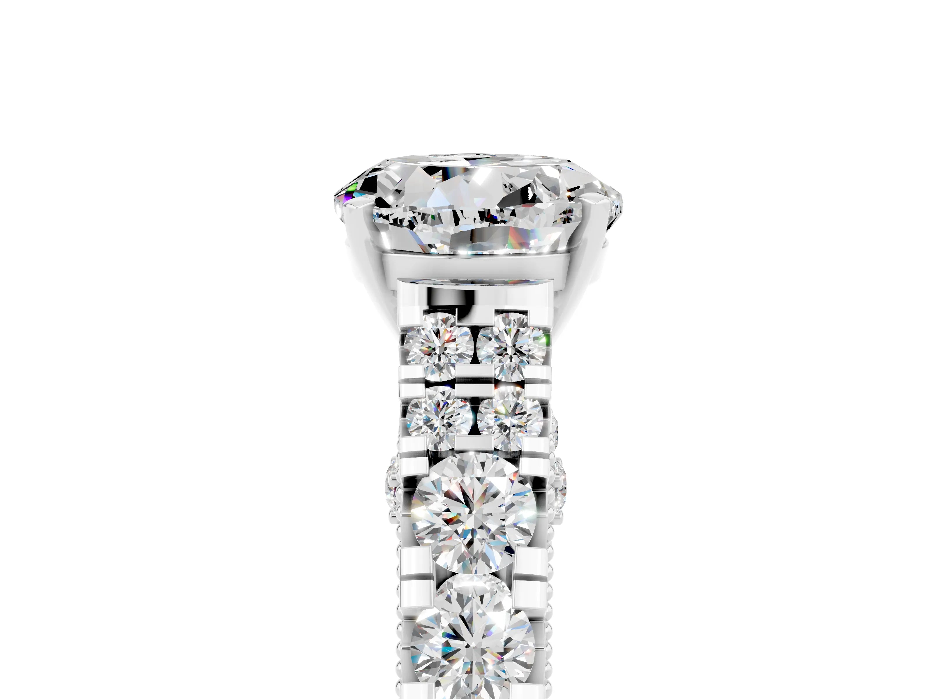 White gold Round Cut Moissanite Classic Solitaire Ring with Pavé Band and Four-Prong Setting_5