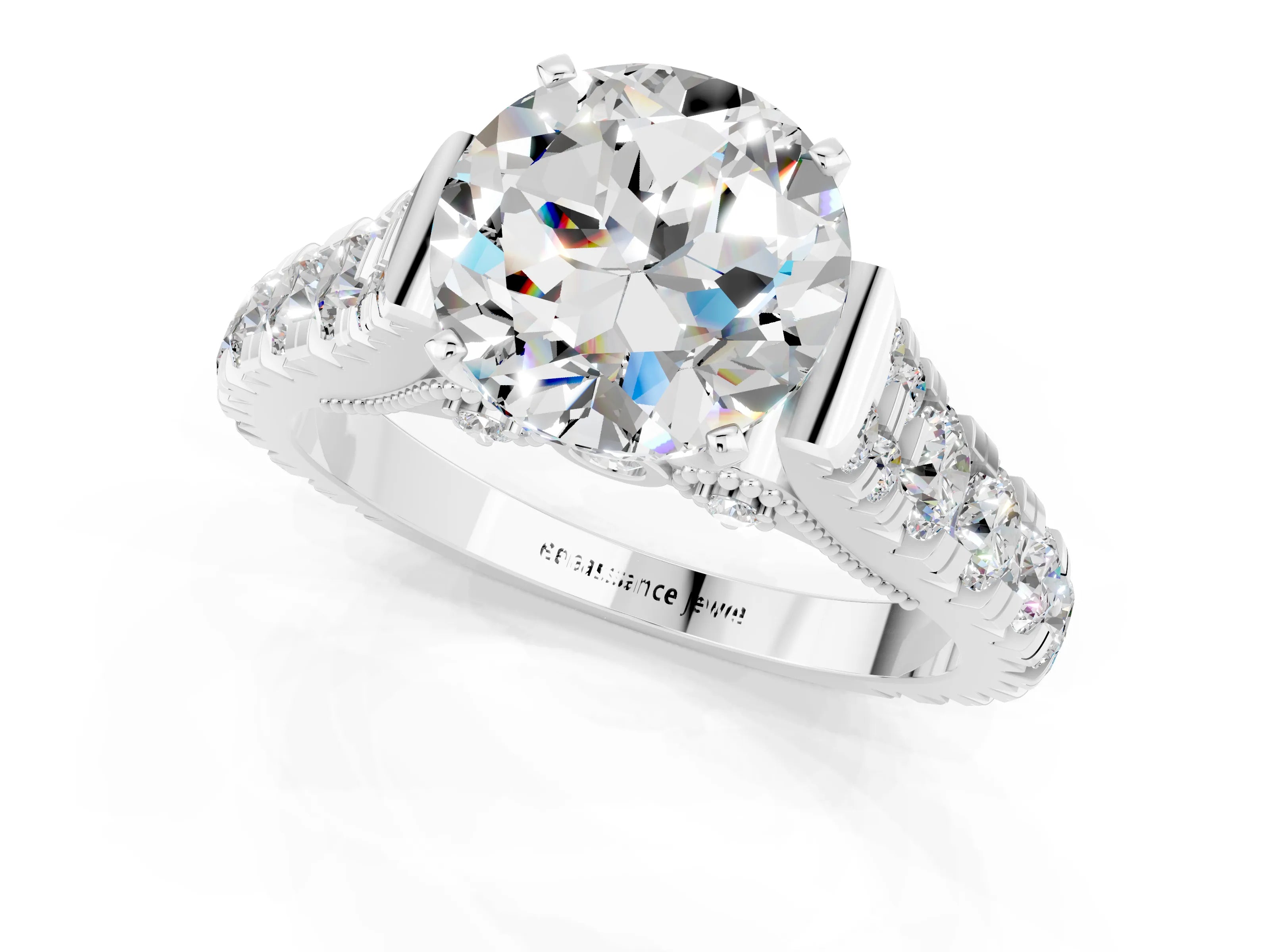 White gold Round Cut Moissanite Classic Solitaire Ring with Pavé Band and Four-Prong Setting_7