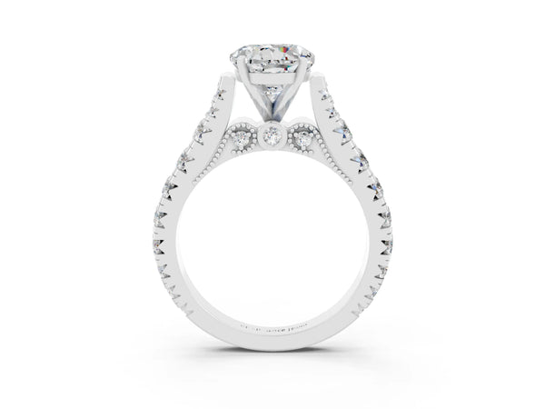 White gold Round Cut Moissanite Classic Solitaire Ring with Pavé Band and Four-Prong Setting