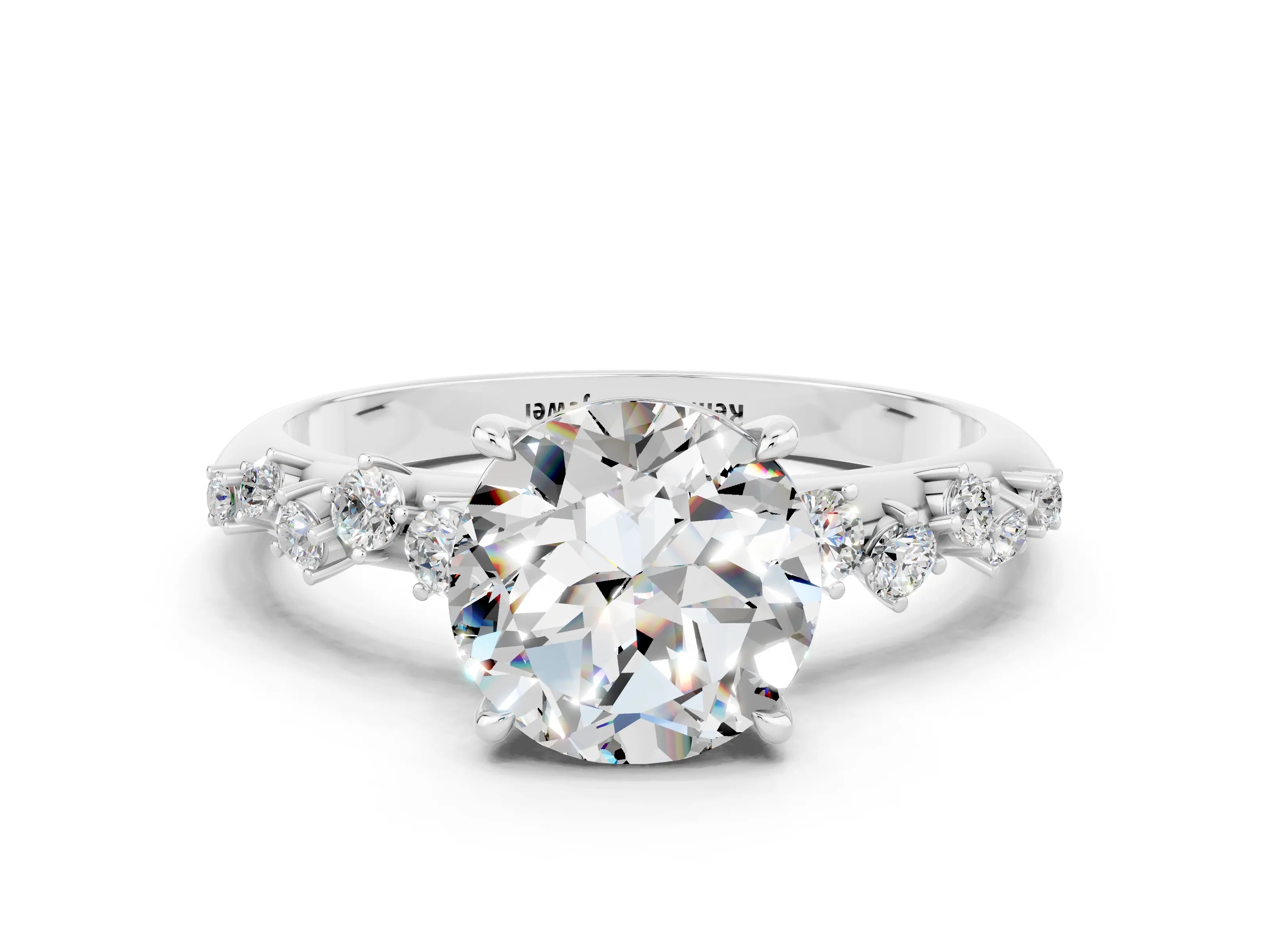 White gold Round Cut Moissanite Cluster Side Stone Solitaire Ring with Prong Setting_24