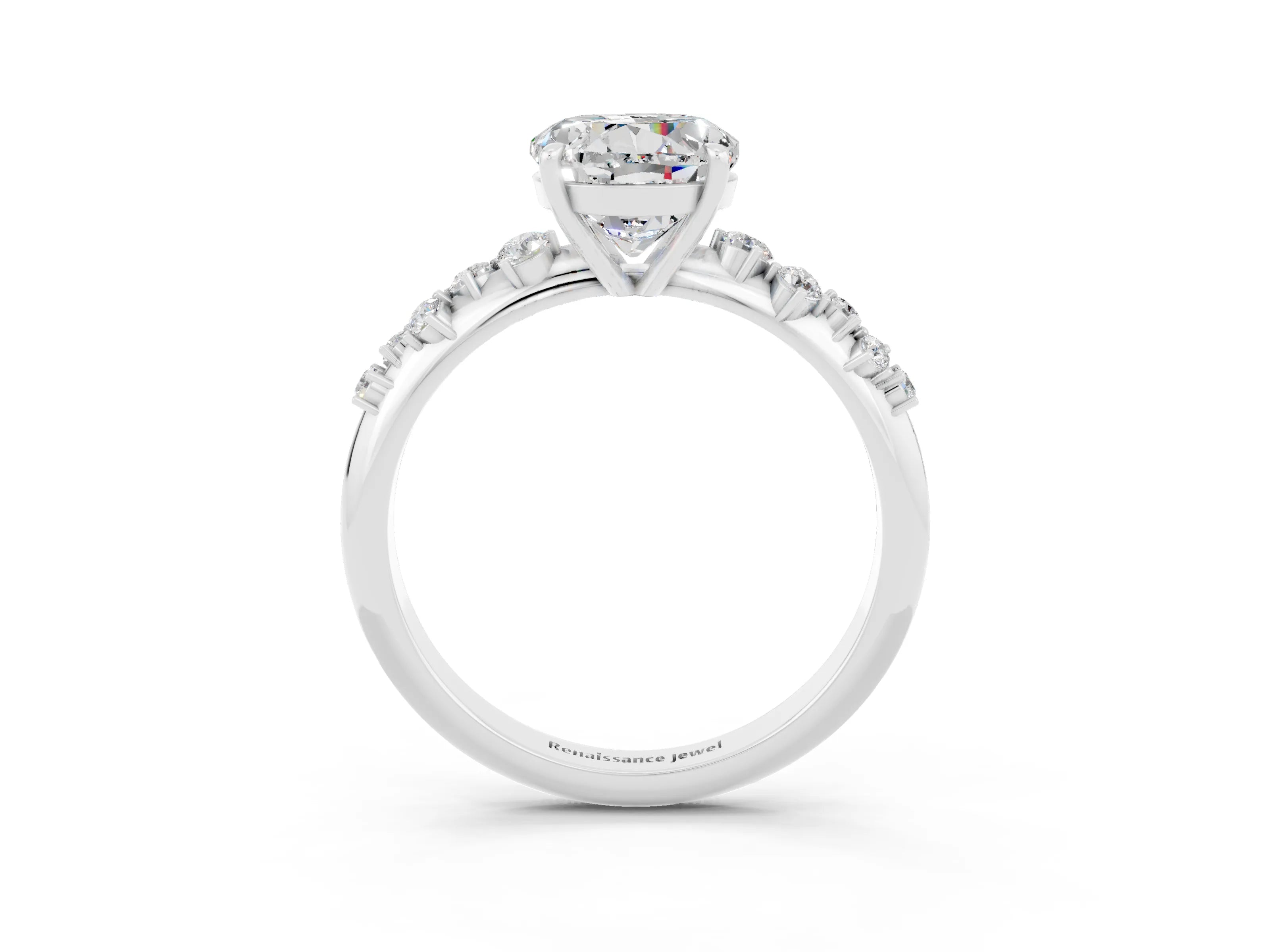 White gold Round Cut Moissanite Cluster Side Stone Solitaire Ring with Prong Setting_27