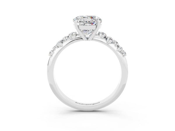 Platinum Round Cut Moissanite Cluster Side Stone Solitaire Ring with Prong Setting