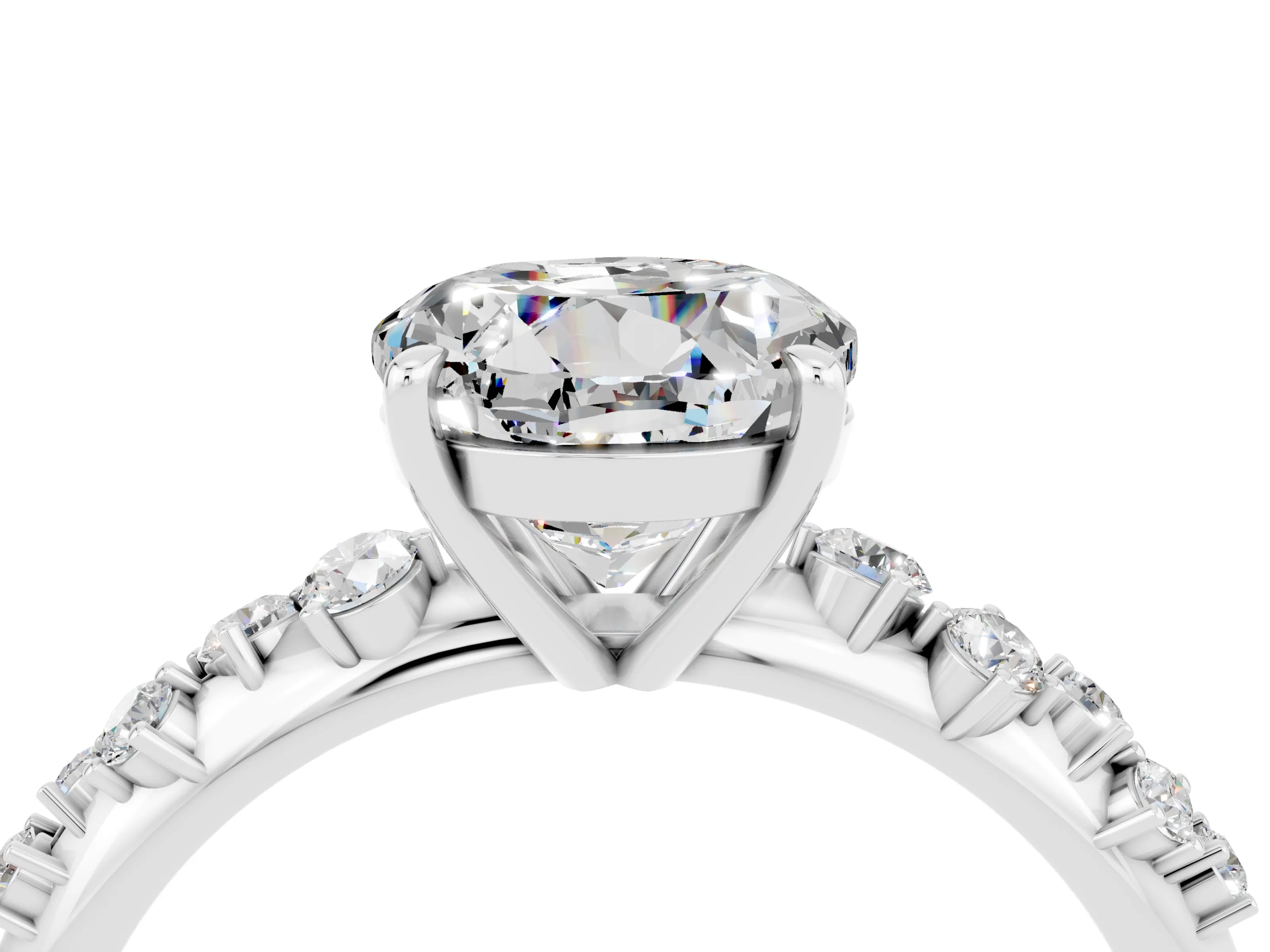 White gold Round Cut Moissanite Cluster Side Stone Solitaire Ring with Prong Setting_28