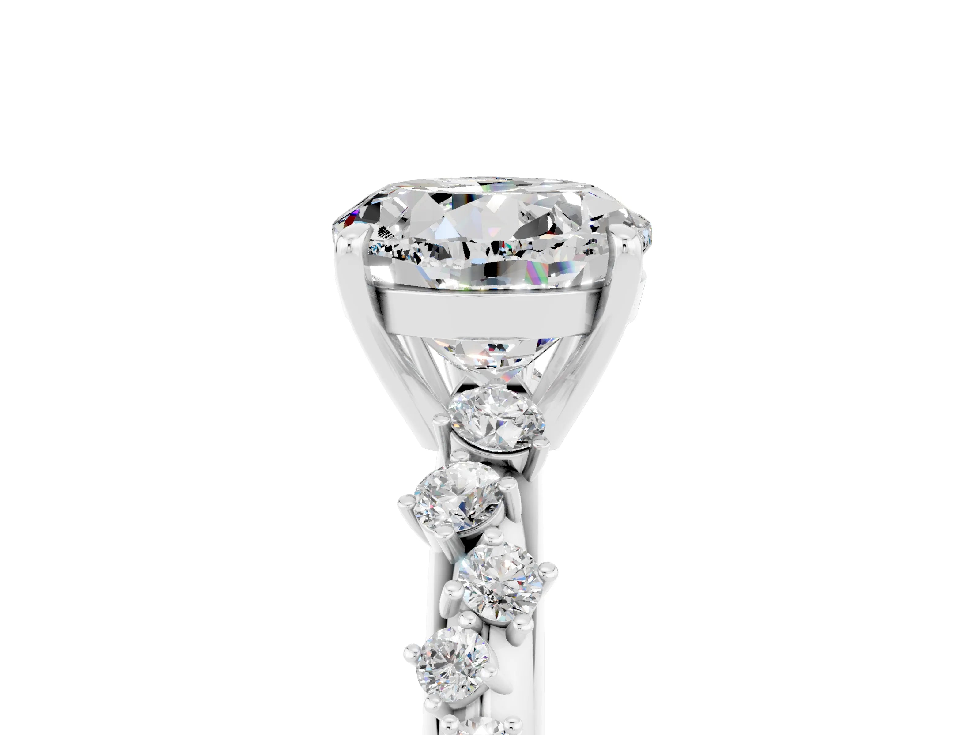 White gold Round Cut Moissanite Cluster Side Stone Solitaire Ring with Prong Setting_29