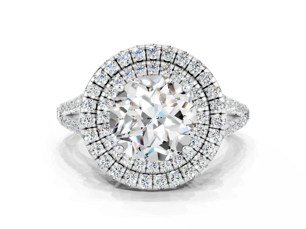 Platinum Round Cut Moissanite Double Halo Ring with Pavé Band and Prong Setting