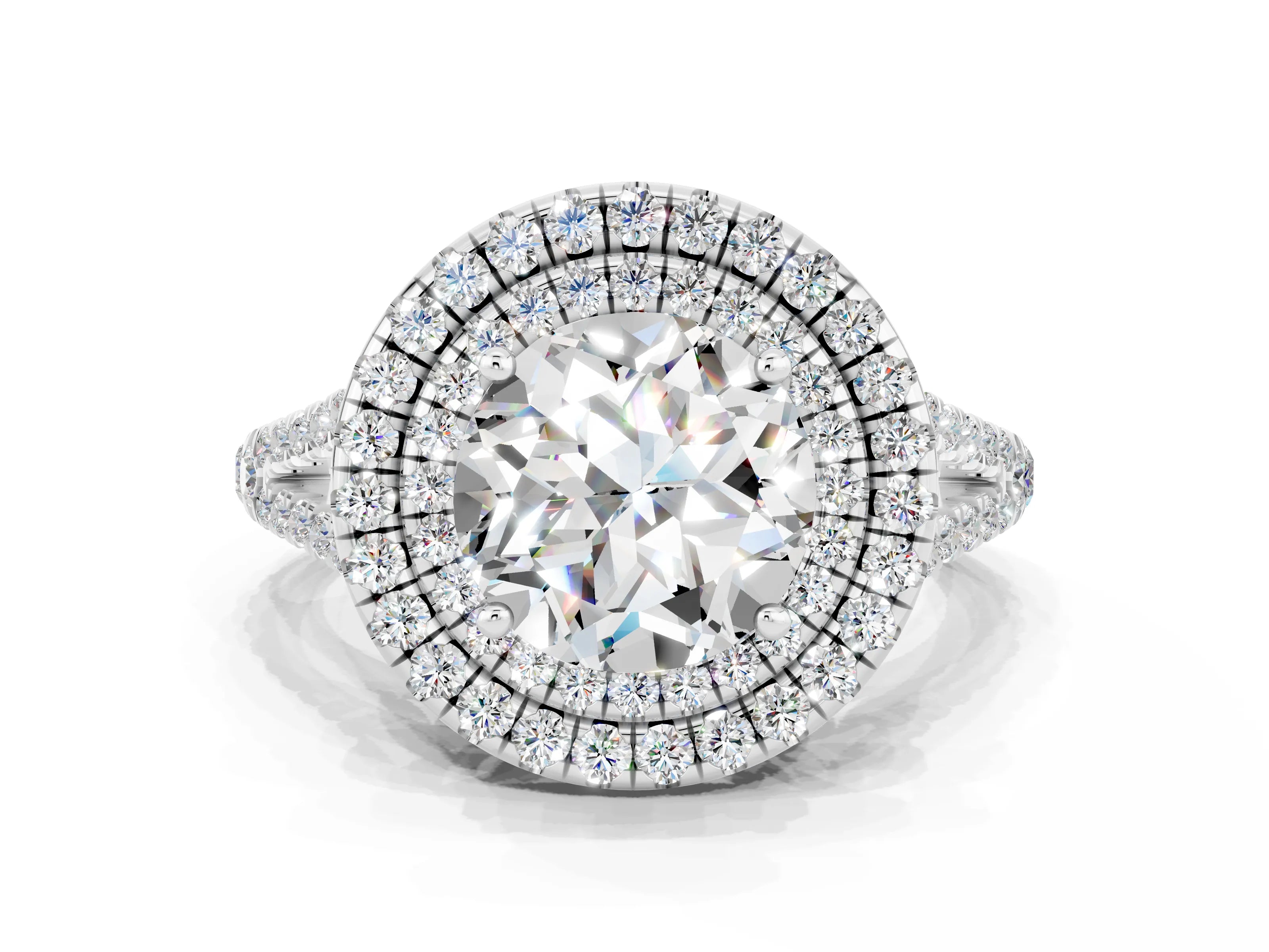 White gold Round Cut Moissanite Double Halo Ring with Pavé Band and Prong Setting_12