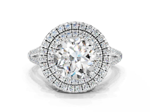 White gold Round Cut Moissanite Double Halo Ring with Pavé Band and Prong Setting_12