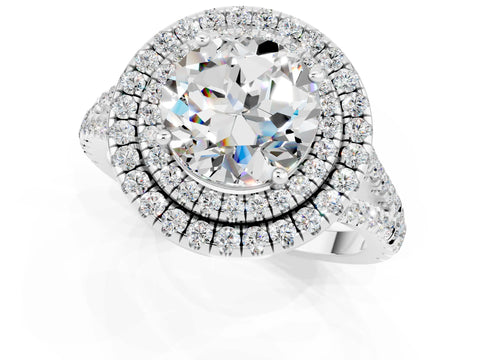 White gold Round Cut Moissanite Double Halo Ring with Pavé Band and Prong Setting_13