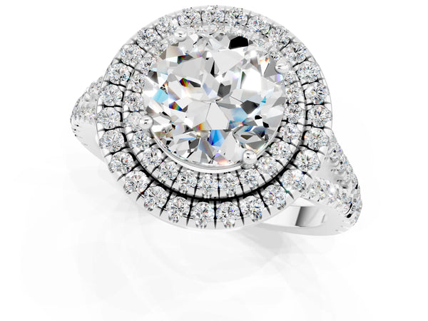 Silver Round Cut Moissanite Double Halo Ring with Pavé Band and Prong Setting