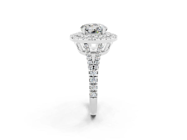 Platinum Round Cut Moissanite Double Halo Ring with Pavé Band and Prong Setting