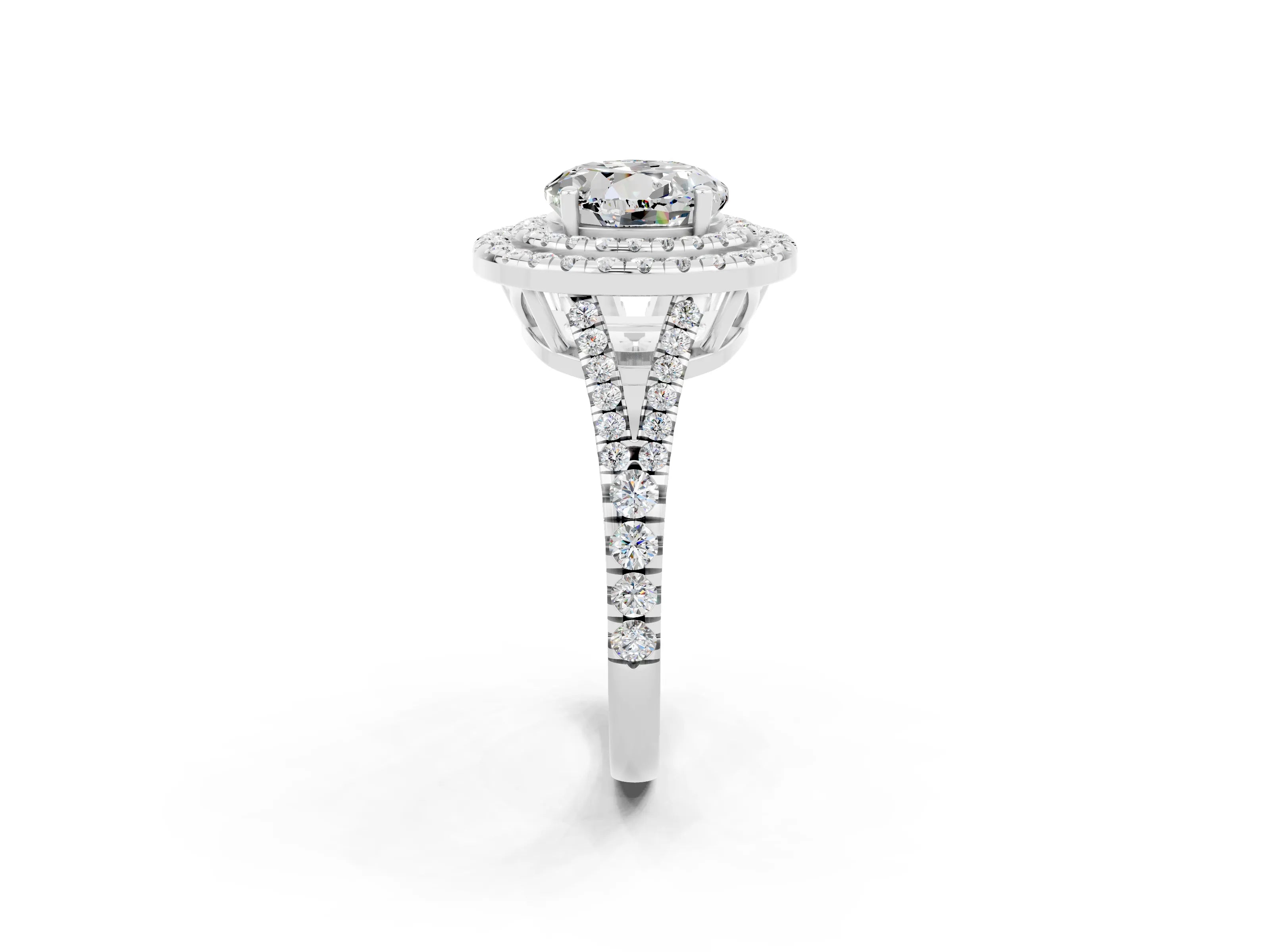 White gold Round Cut Moissanite Double Halo Ring with Pavé Band and Prong Setting_14