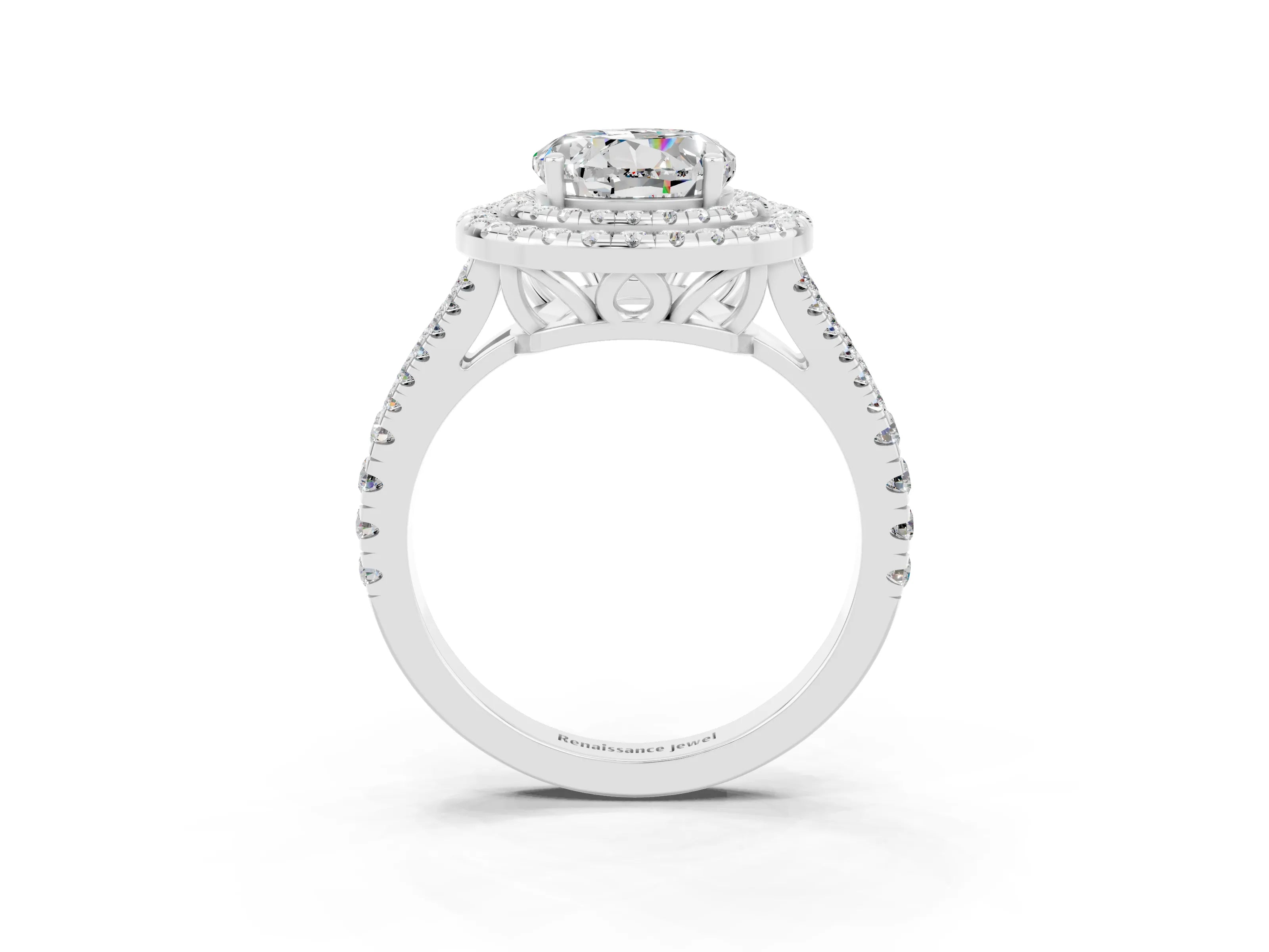White gold Round Cut Moissanite Double Halo Ring with Pavé Band and Prong Setting_15