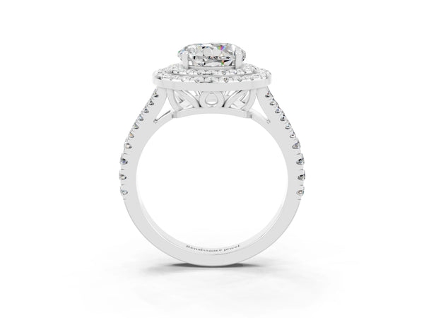 Silver Round Cut Moissanite Double Halo Ring with Pavé Band and Prong Setting