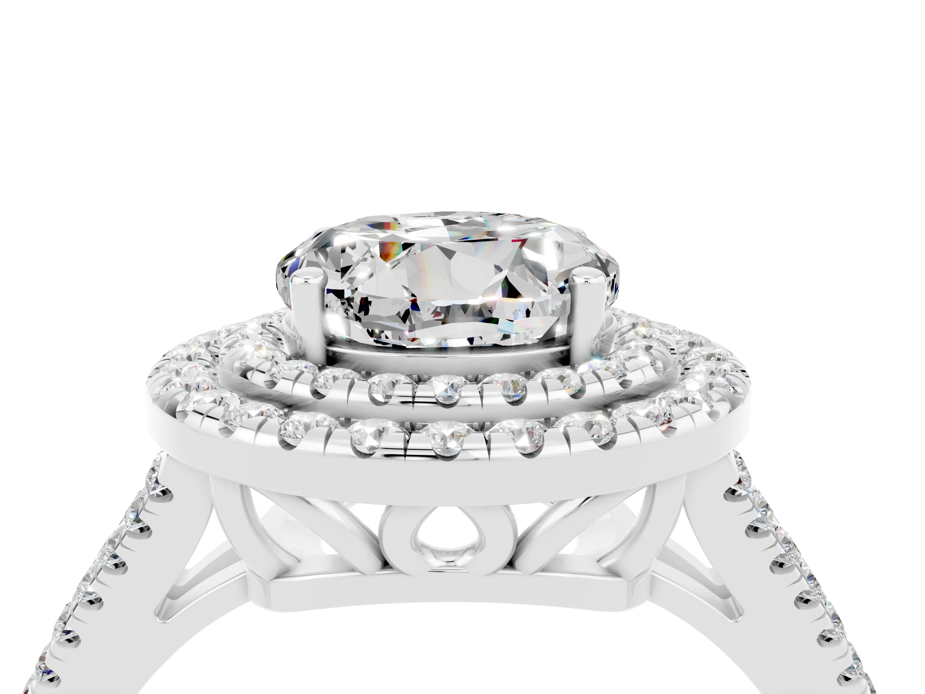 White gold Round Cut Moissanite Double Halo Ring with Pavé Band and Prong Setting_16