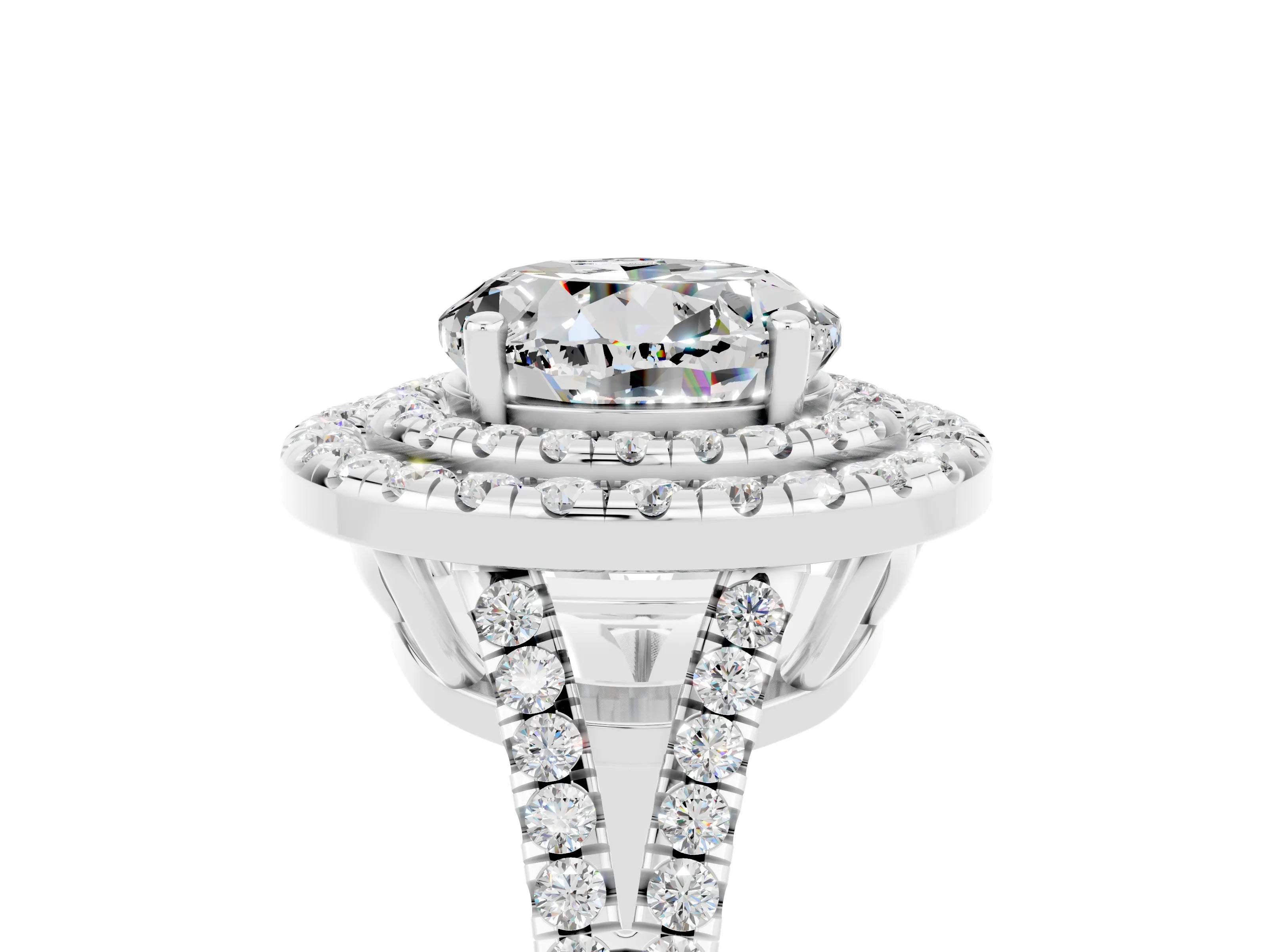White gold Round Cut Moissanite Double Halo Ring with Pavé Band and Prong Setting_17