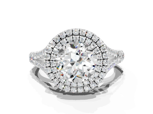 Platinum Round Cut Moissanite Double Halo Ring with Split Shank and Prong Setting
