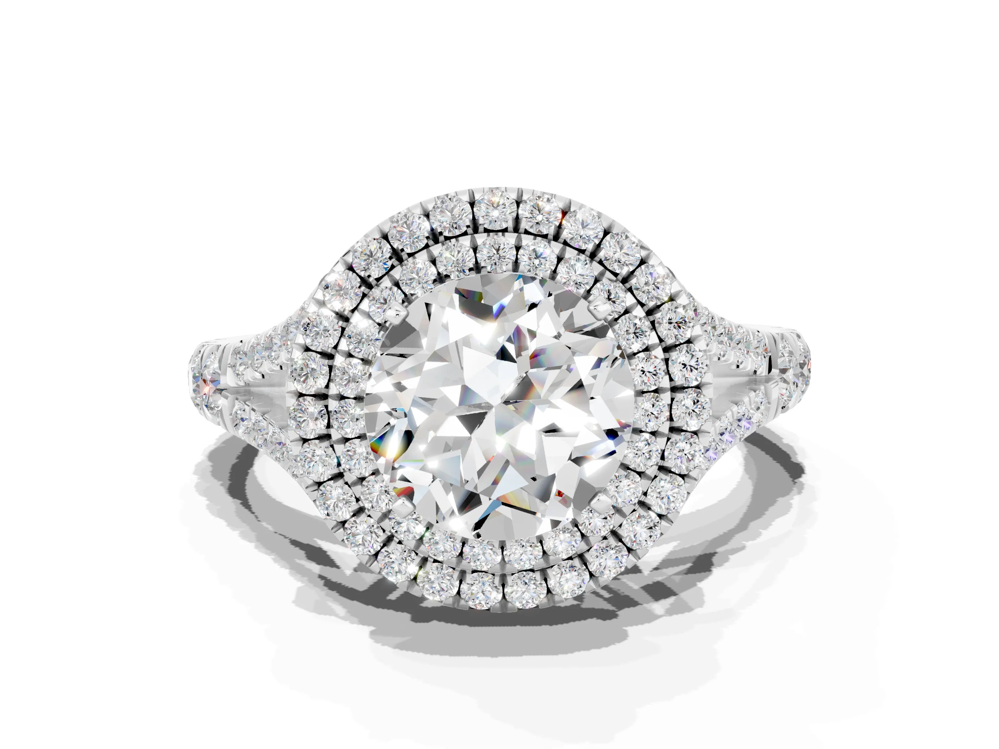 White gold Round Cut Moissanite Double Halo Ring with Split Shank and Prong Setting_24