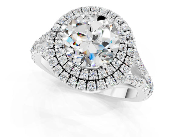 Platinum Round Cut Moissanite Double Halo Ring with Split Shank and Prong Setting