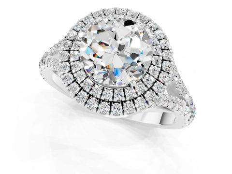 White gold Round Cut Moissanite Double Halo Ring with Split Shank and Prong Setting_25