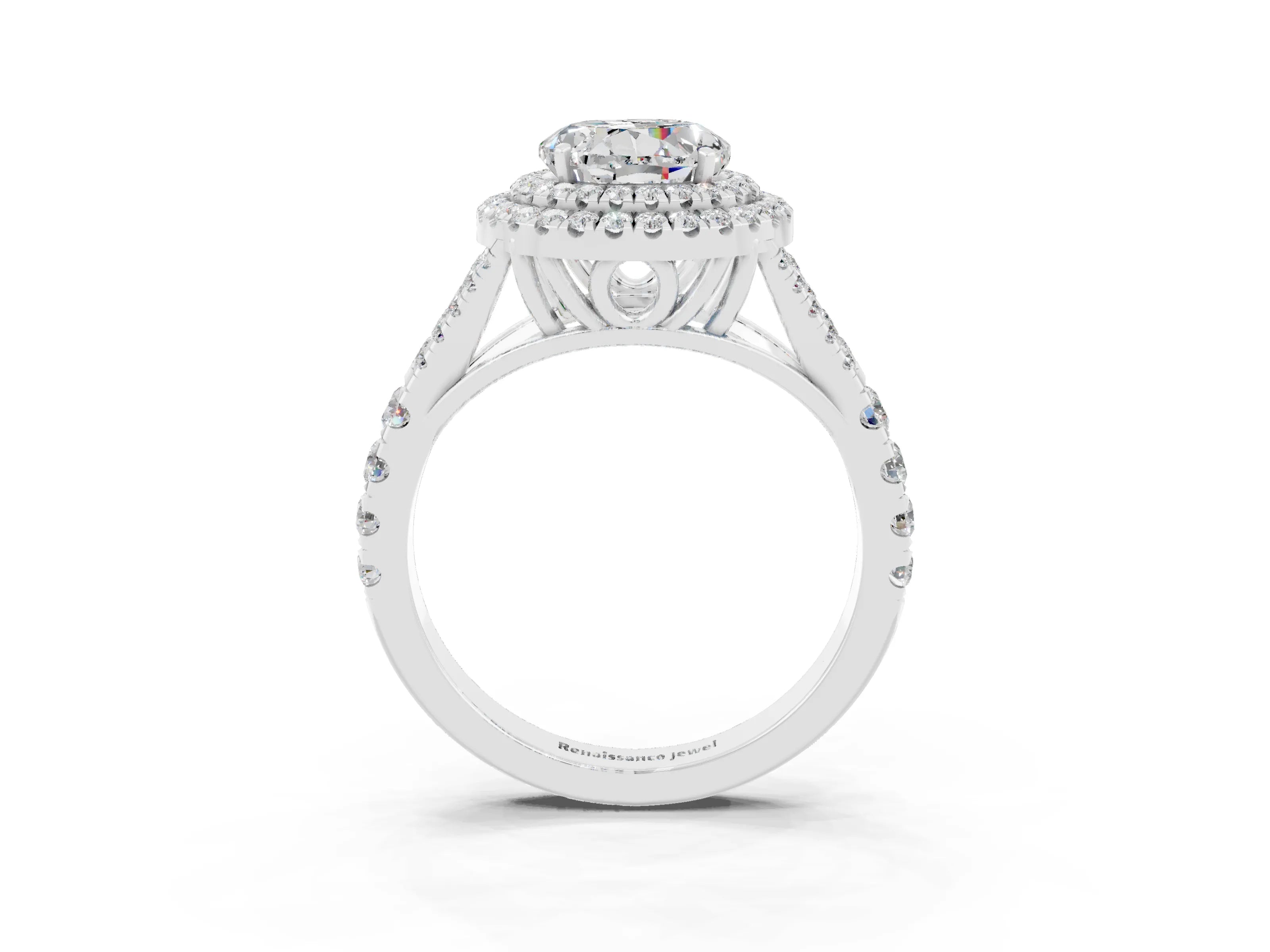 White gold Round Cut Moissanite Double Halo Ring with Split Shank and Prong Setting_27