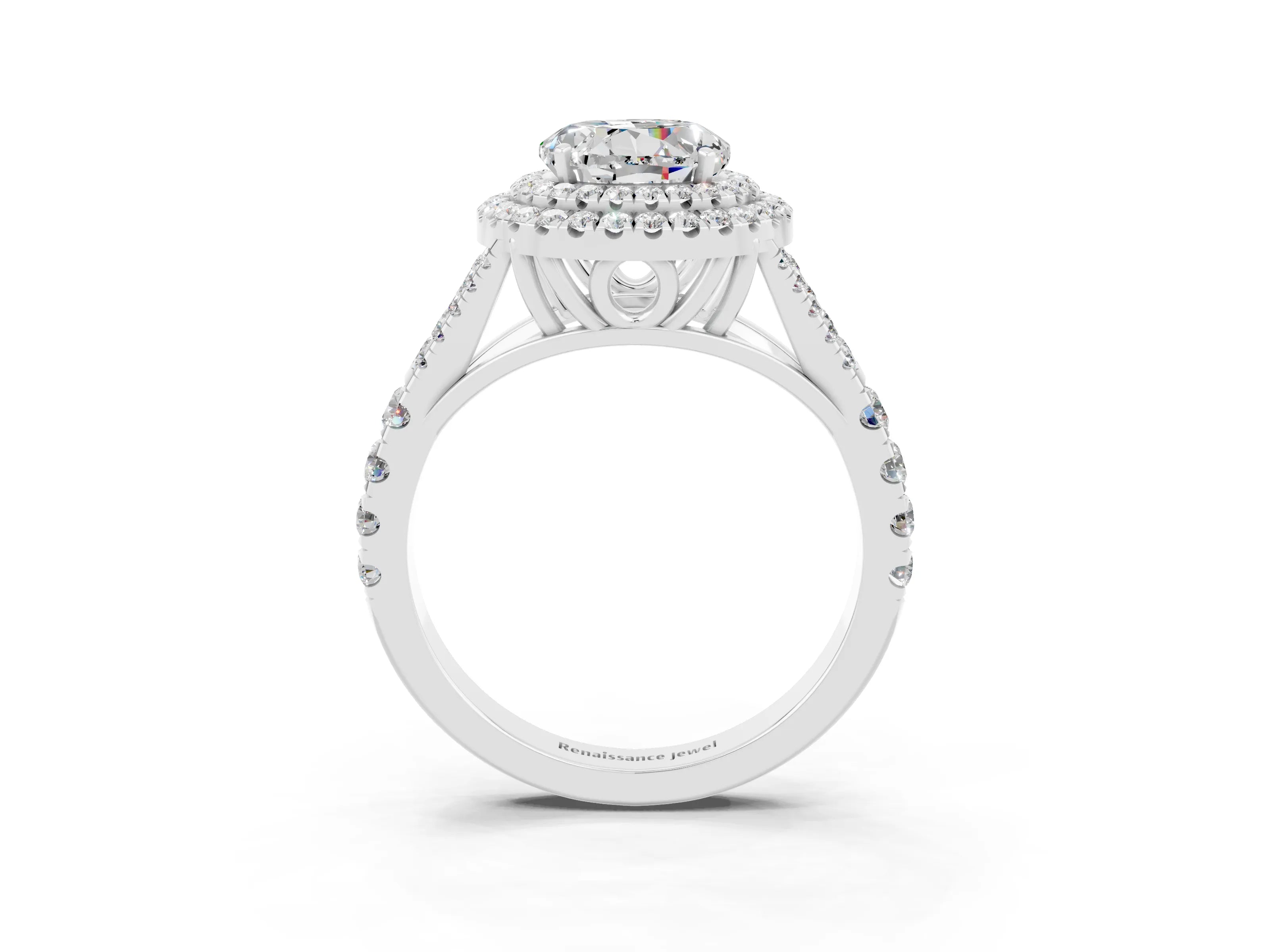 White gold Round Cut Moissanite Double Halo Ring with Split Shank and Prong Setting_27